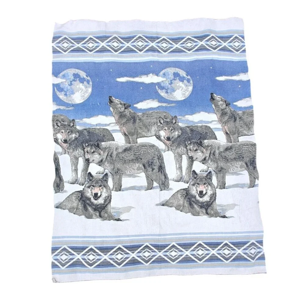 Vintage Wolf At Night Throw Blanket King Size 91x69 Southwestern Western USA